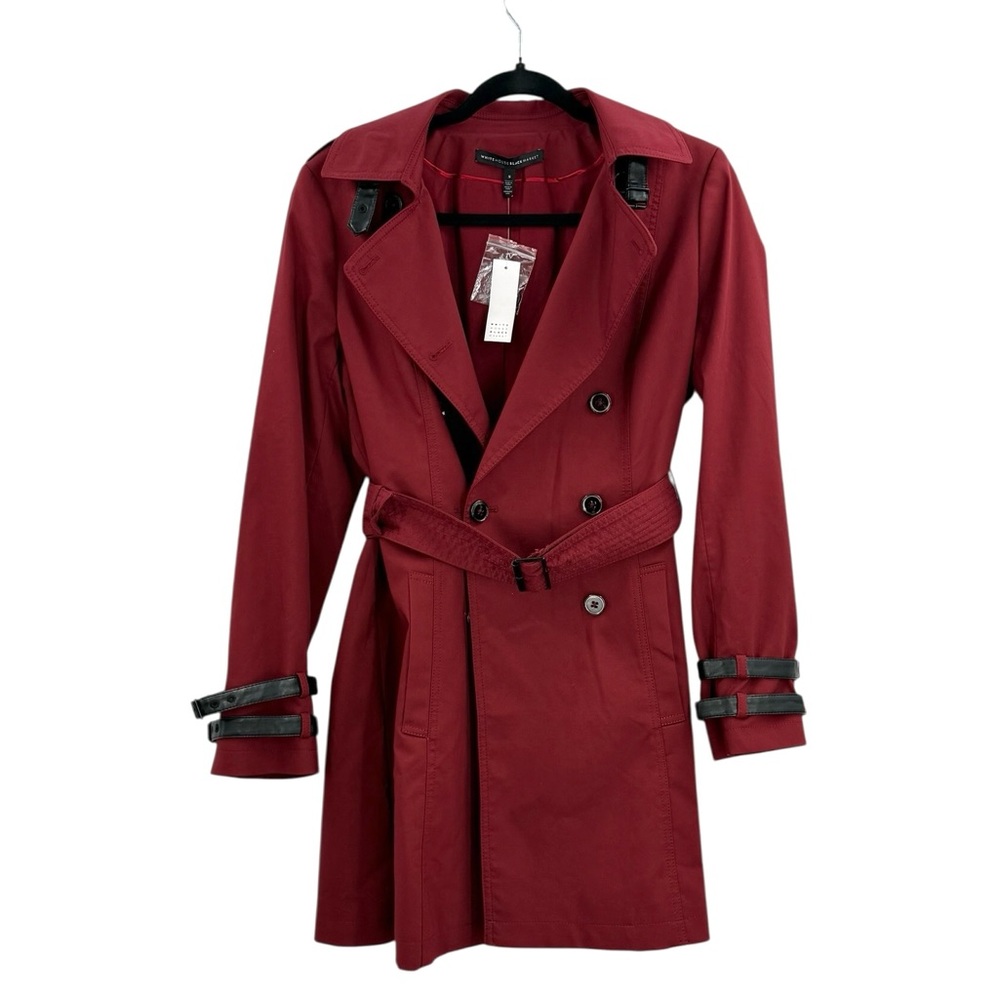 White House Black Market Red Belted Trench Coat Double Breasted leather Straps